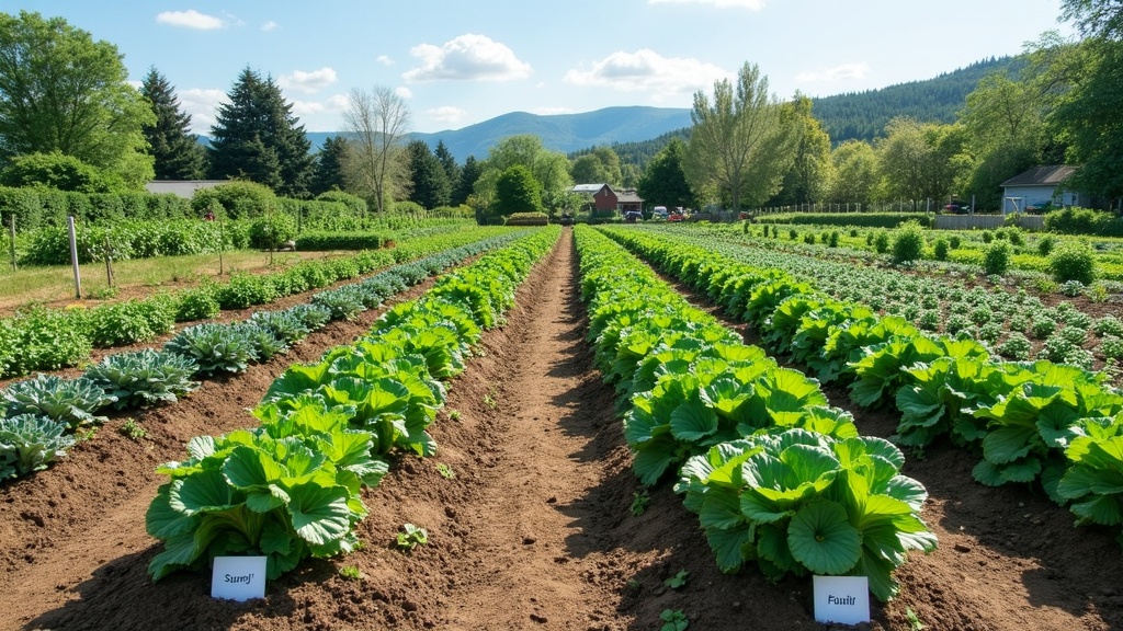 A colorful home garden with various vegetables planted in neat, seasonal rows.