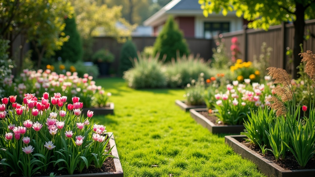 A lush, green backyard garden bursting with colorful spring flowers and tidy raised vegetable beds