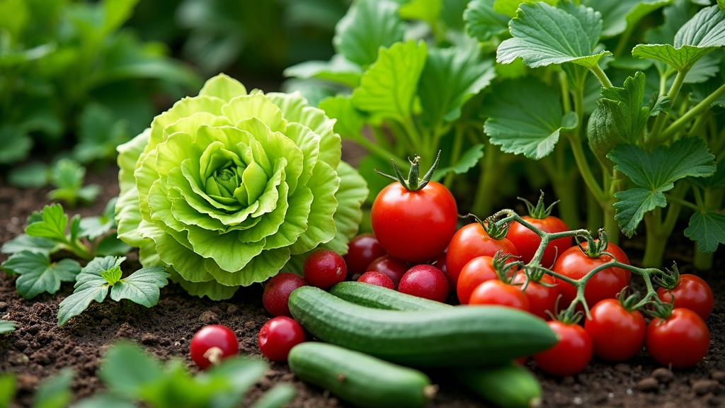 A vibrant vegetable garden filled with easy-to-grow vegetables like lettuce, radishes, and tomatoes.