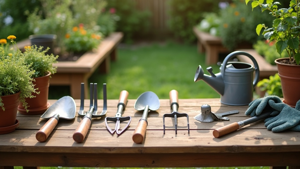 Assorted gardening tools including trowel, pruners, gloves, and watering can on a wooden bench surrounded by plants.
