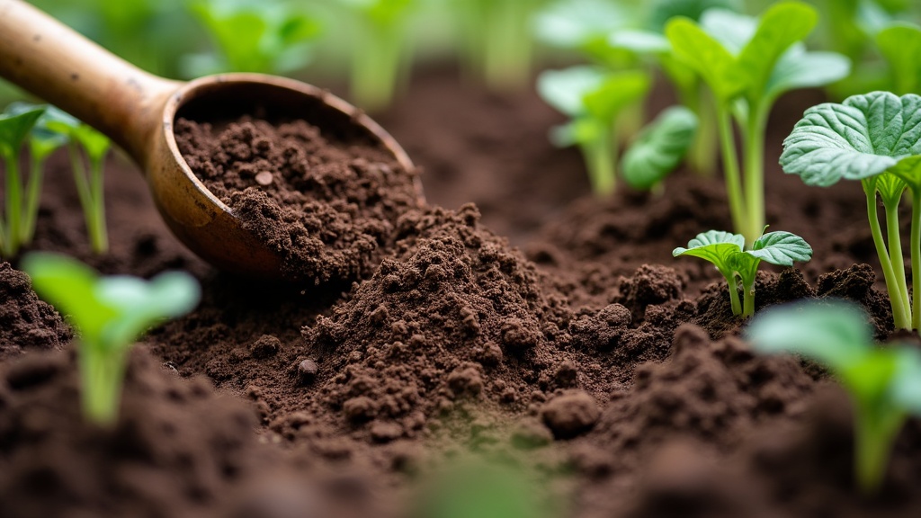 Closeup of healthy garden soil with compost being mixed in and gardening tools nearby.