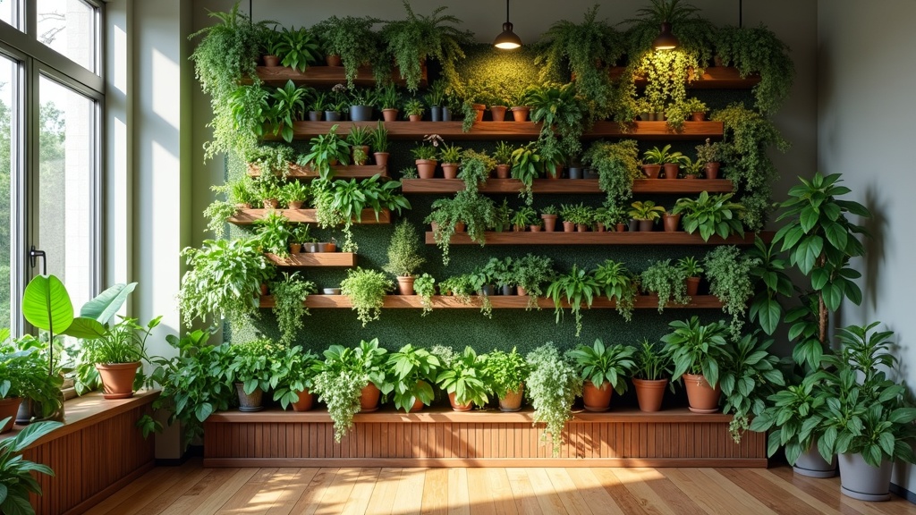 lush vertical garden with houseplants on wall-mounted shelves, sunlight beaming through a window, wooden flooring, modern home aesthetic