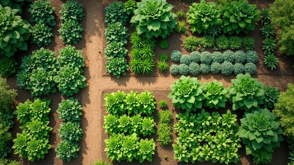Vegetable garden layout with raised beds in spring, showing rows of different crops, trellises, and sun angles.