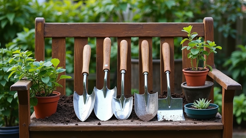 A collection of essential gardening tools arranged neatly on a wooden garden bench, surrounded by potted plants and garden soil.