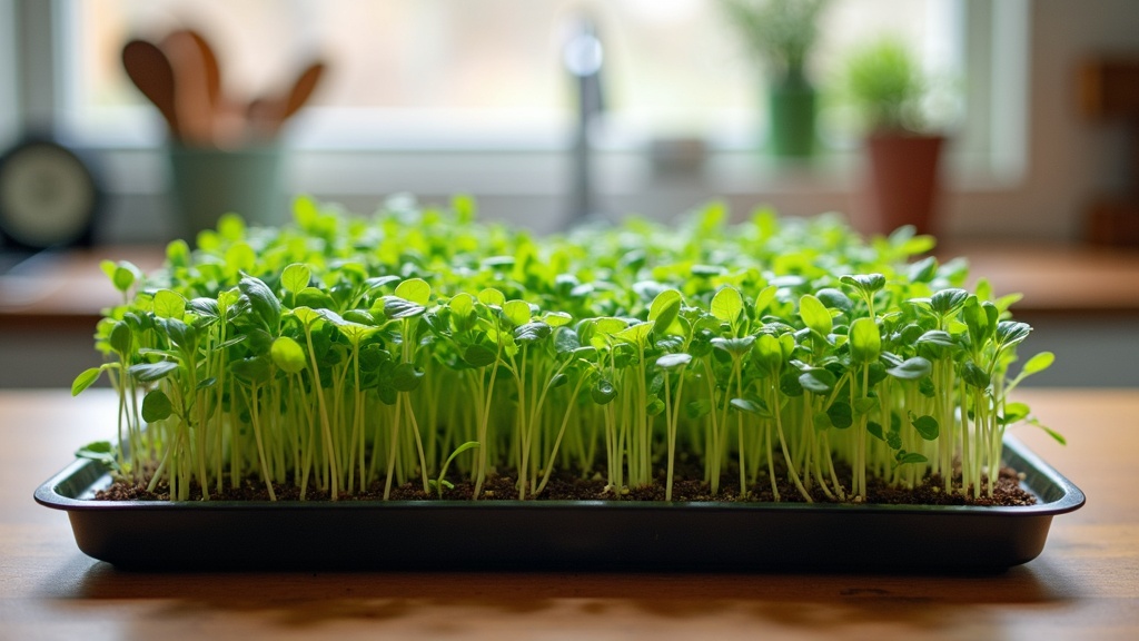 A colorful assortment of microgreens growing densely in a shallow tray on a kitchen countertop. The background includes kitchen utensils and a soft window light.