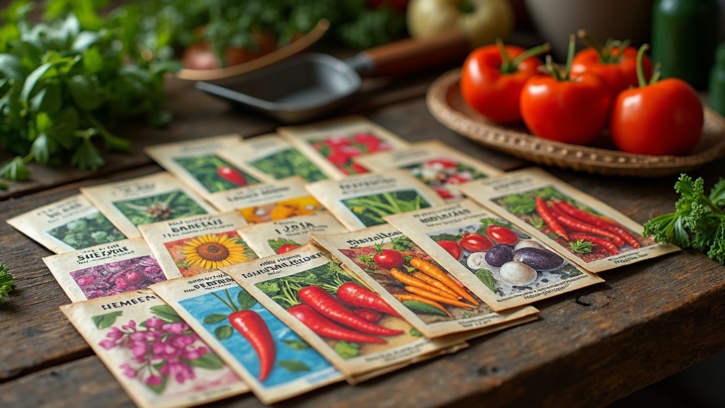 A colorful mix of traditional vegetable seeds and hybrid seed packets laid out on a rustic wooden table with gardening tools nearby