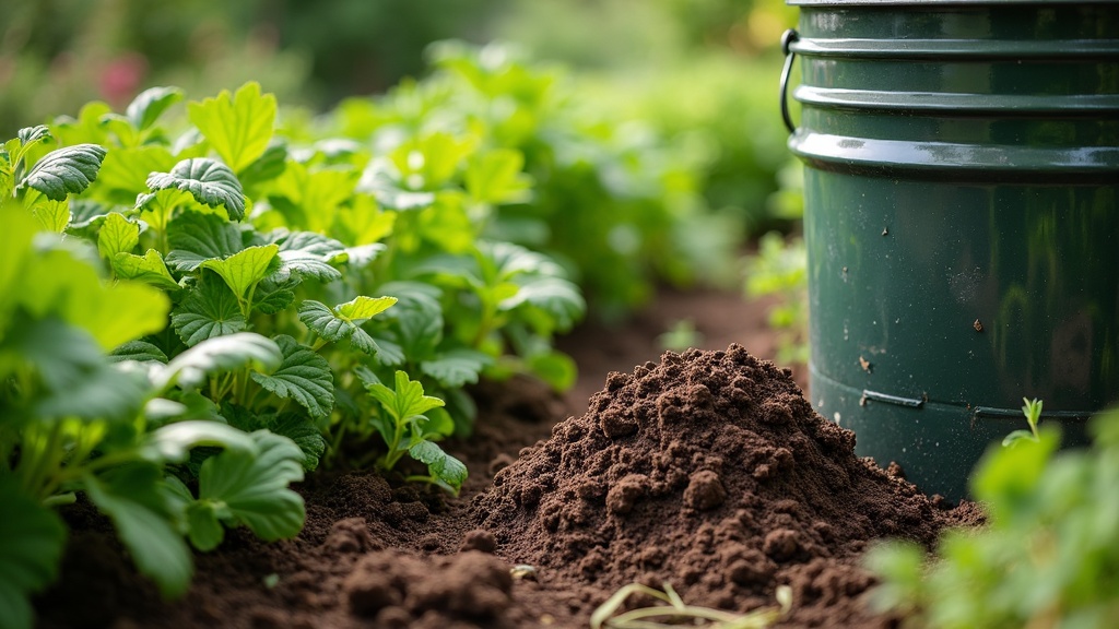 DIY Compost Tea brewing next to a lush vegetable garden