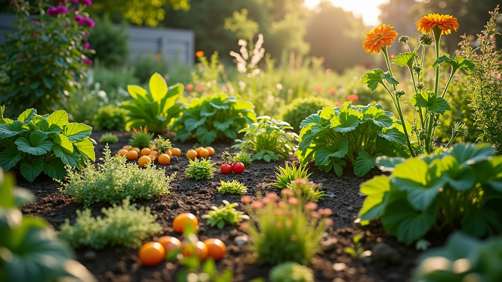 Garden bed with diverse mix of vegetables and herbs growing together