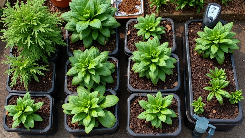 Healthy container plants with a soil pH test kit nearby