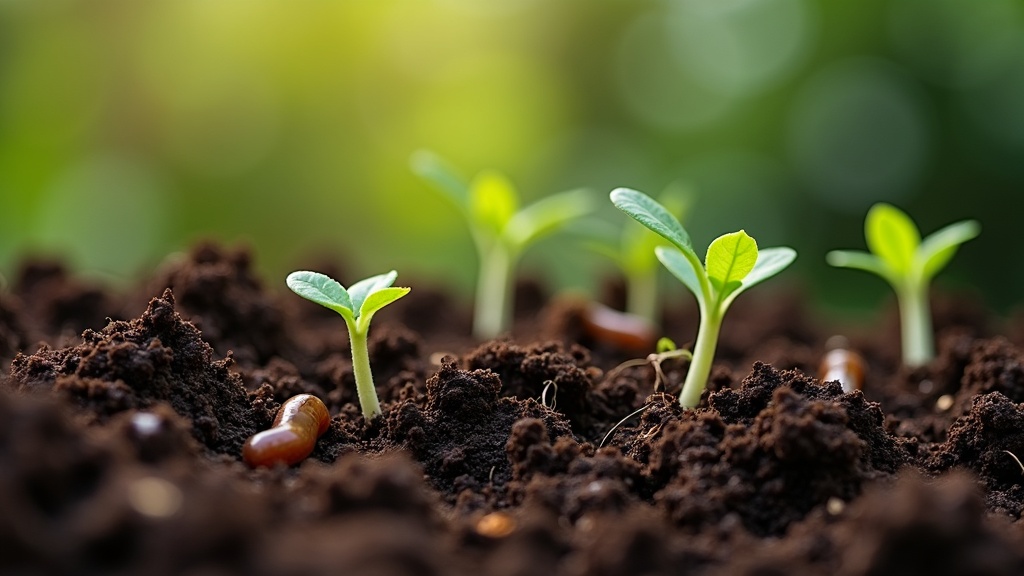 Healthy soil with thriving plants and visible soil organisms