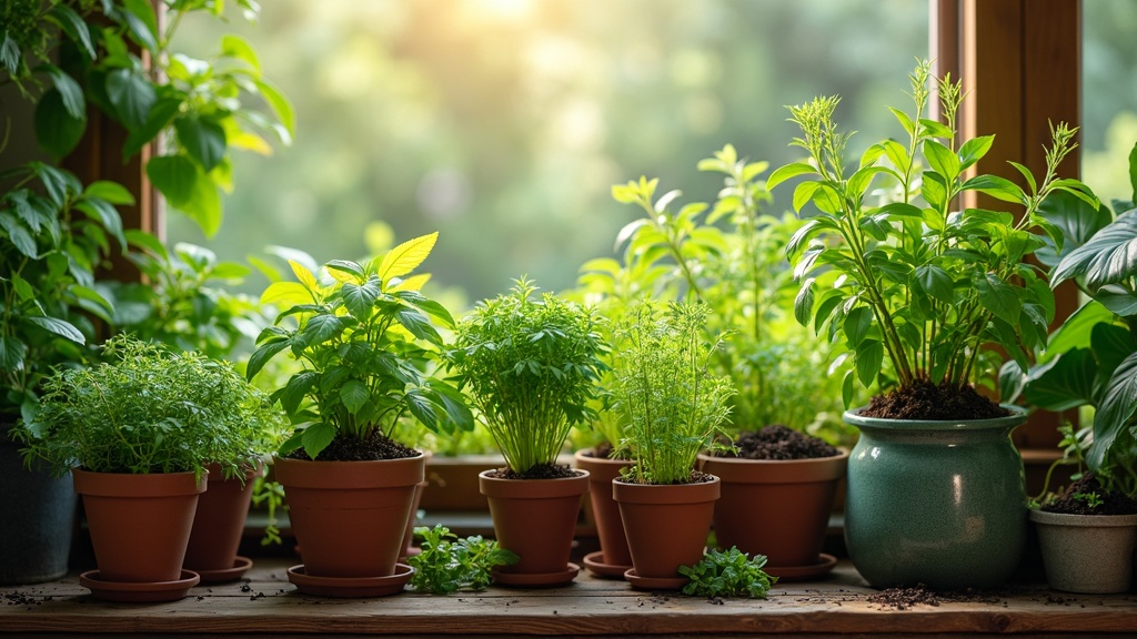 Herb garden with various pots and lush green herbs