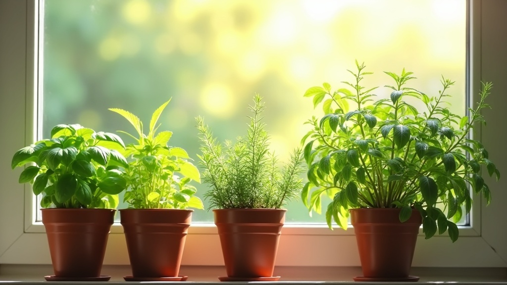 Indoor herb garden setup with herbs like basil and mint on a bright windowsill.