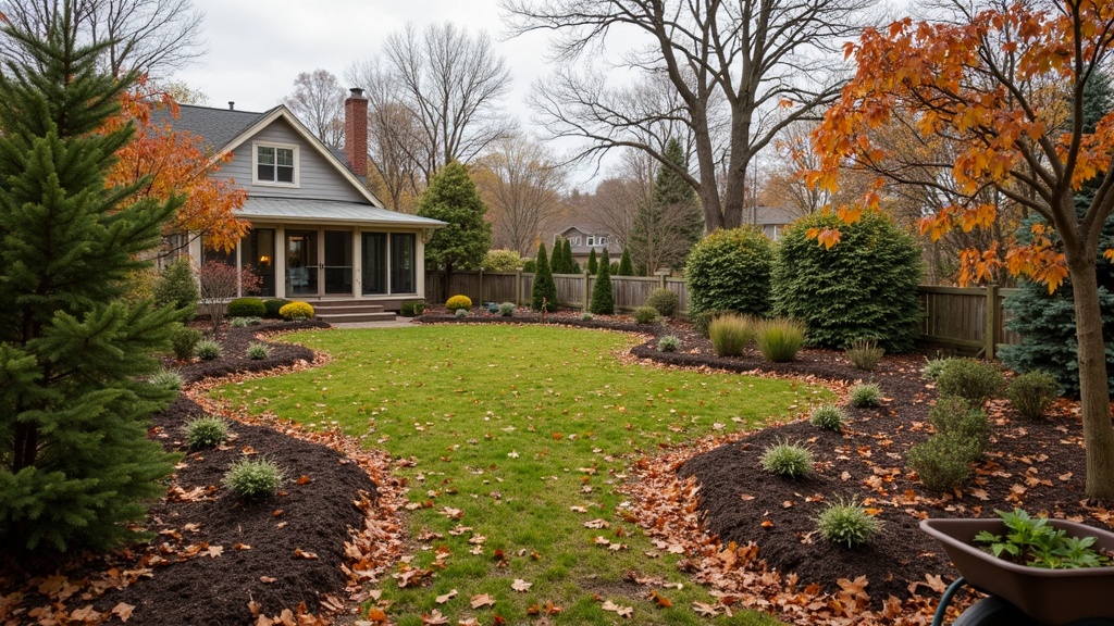 Lush fall garden with autumn leaves, mulched beds, and tools