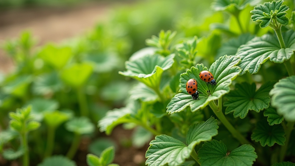 Organic pest control methods in a home vegetable garden, showing companion planting, bug nets, and thriving plants