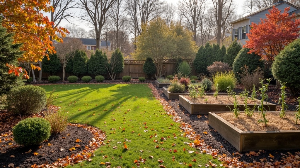 A backyard garden in autumn, showing fallen leaves, trimmed plants, and covered raised beds with mulch and straw. Trees in the background are losing their leaves, giving a sense of approaching winter.
