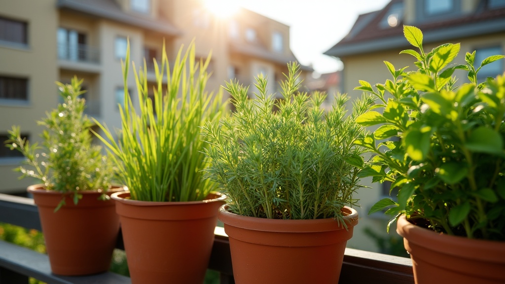 A sunny urban balcony with pots of low-maintenance herbs like rosemary, mint, and chives thriving with minimal care.