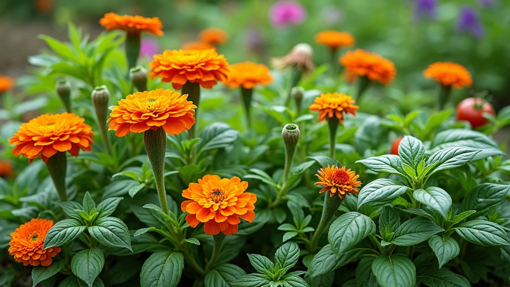 A vibrant vegetable garden with marigolds, basil, and tomatoes flourishing together under bright sunlight